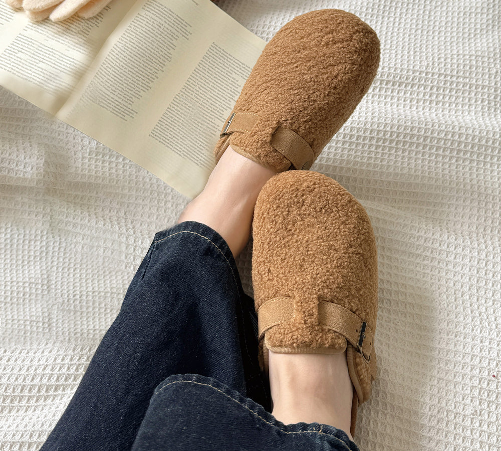 EVERAU® UGG Women Shearling Buckle Sandal Slides Greta