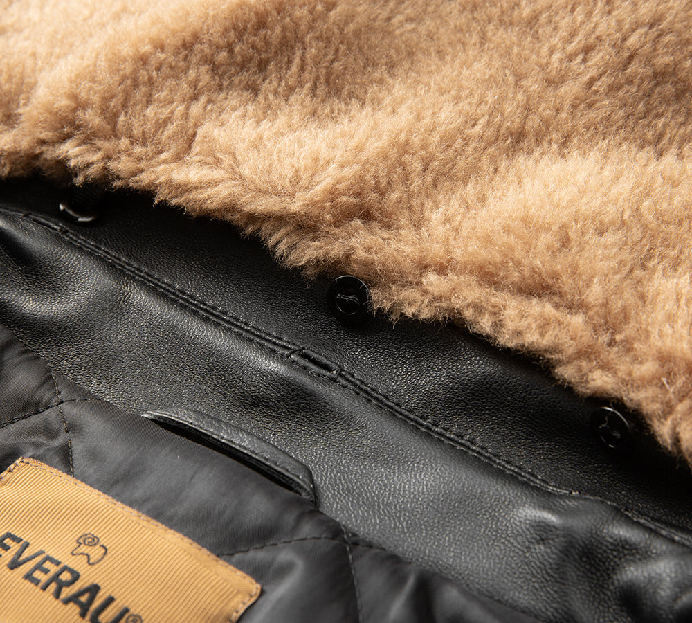 EVERAU® Sheepskin Leather Jacket Women Detachable Wool Collar Voco EVERAU