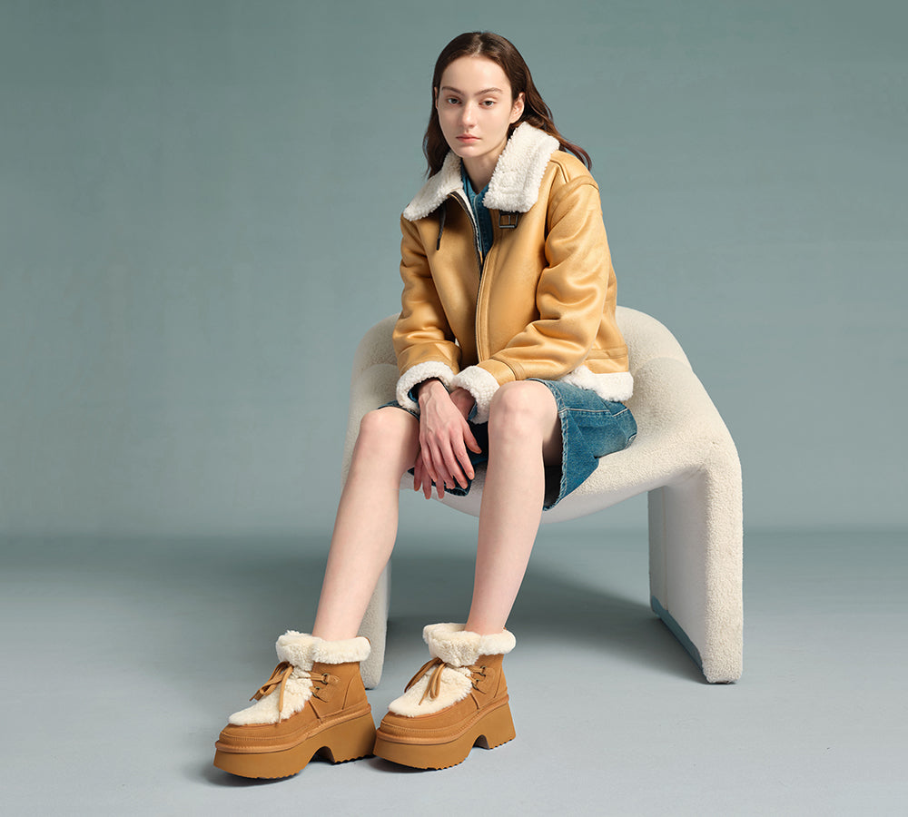 AUSTRALIAN SHEPHERD® UGG Boots Women Sheepskin Wool Lace Up Chunky Platform Bumpy UGG AUSTRALIAN SHEPHERD