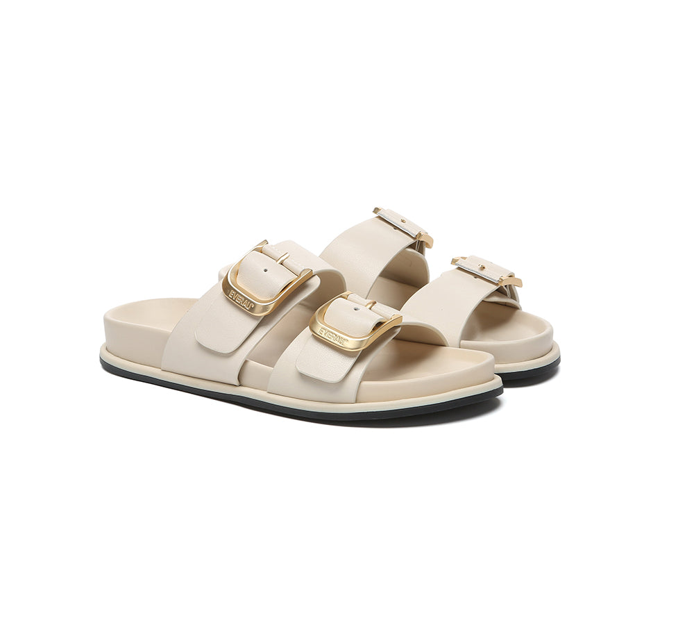 EVERAU® Leather Flat Sandals Women Double Strap Buckle Mounish EVERAU