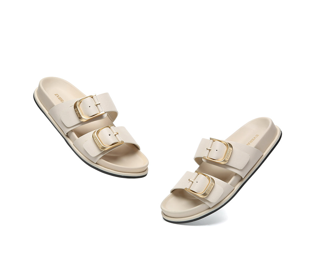 EVERAU® Leather Flat Sandals Women Double Strap Buckle Mounish EVERAU