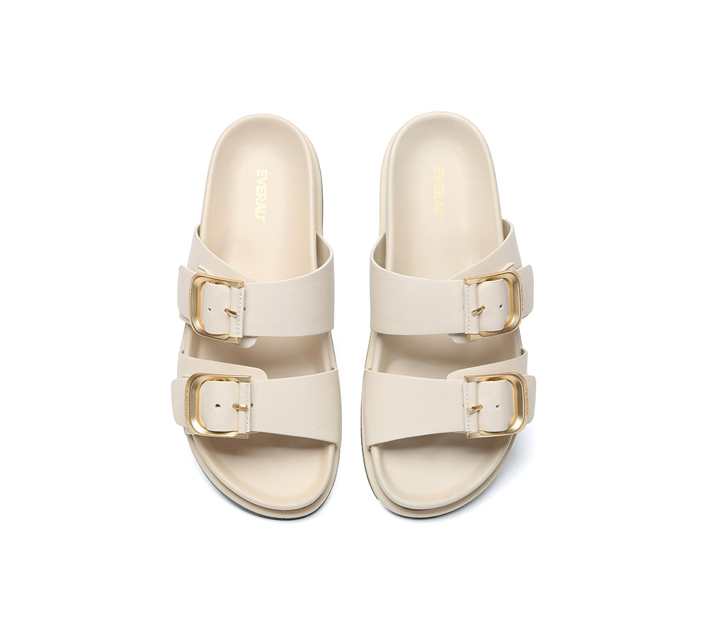 EVERAU® Leather Flat Sandals Women Double Strap Buckle Mounish EVERAU