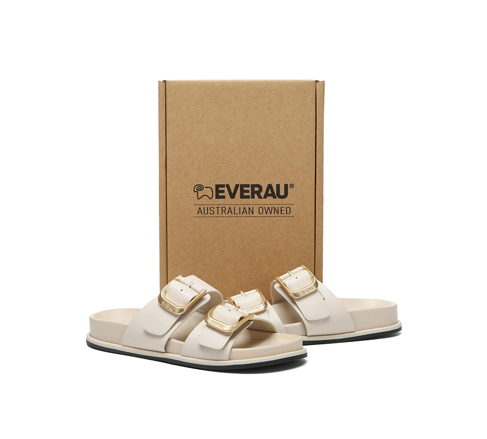 EVERAU® Leather Flat Sandals Women Double Strap Buckle Mounish EVERAU