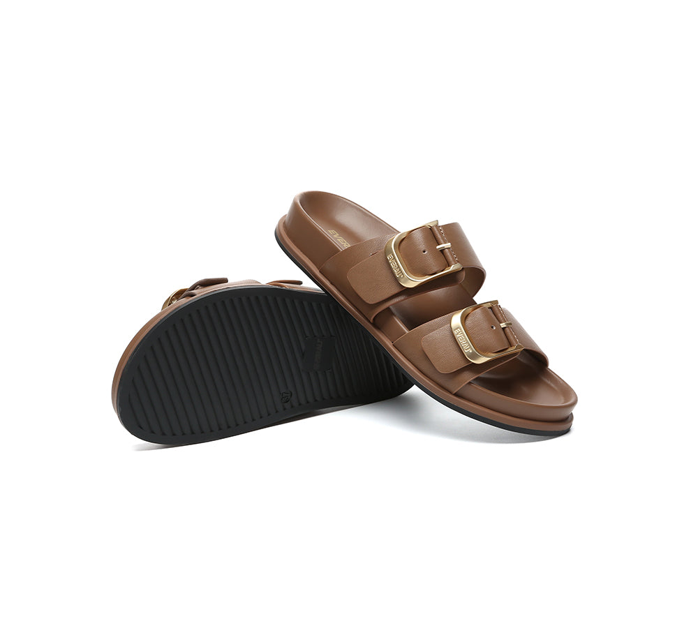 EVERAU® Leather Flat Sandals Women Double Strap Buckle Mounish EVERAU