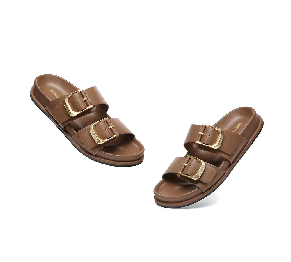 EVERAU® Leather Flat Sandals Women Double Strap Buckle Mounish EVERAU