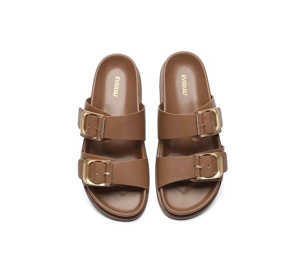 EVERAU® Leather Flat Sandals Women Double Strap Buckle Mounish EVERAU