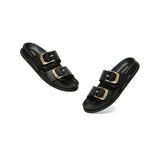 EVERAU® Leather Flat Sandals Women Double Strap Buckle Mounish EVERAU