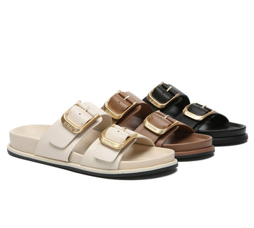 EVERAU® Leather Flat Sandals Women Double Strap Buckle Mounish EVERAU