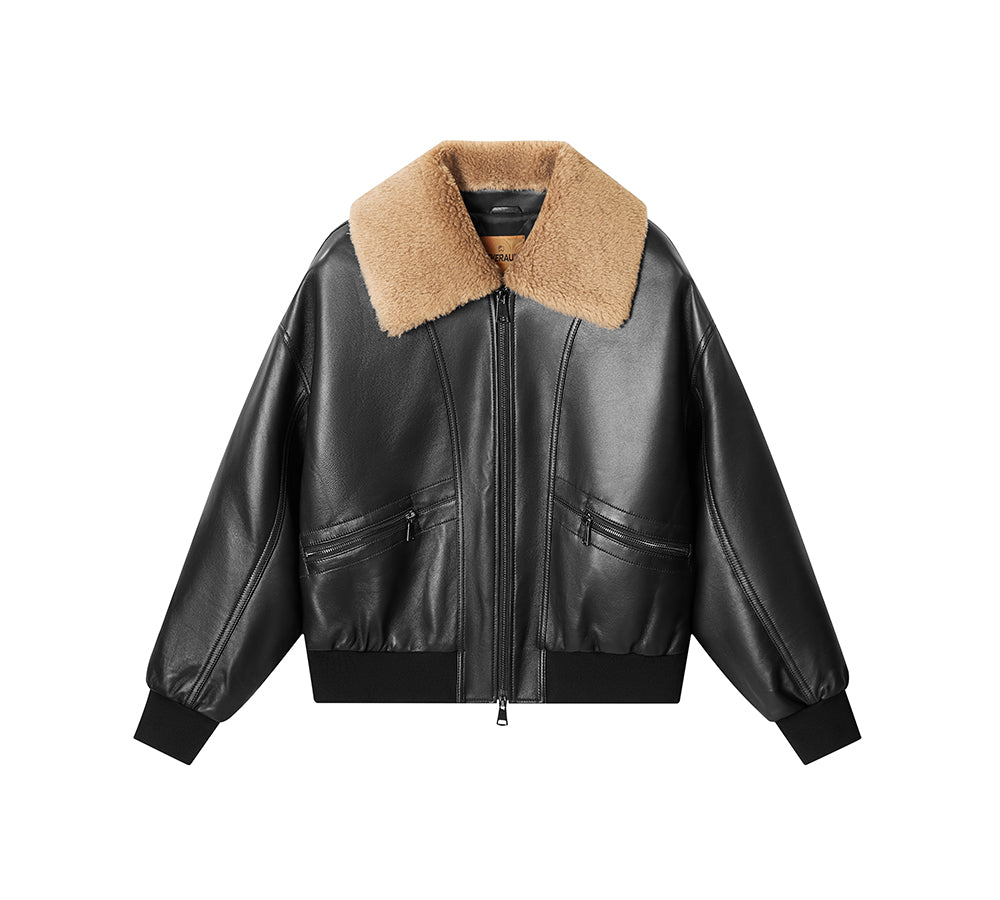 EVERAU® Sheepskin Leather Jacket Women Detachable Wool Collar Voco EVERAU