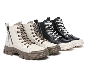 EVERAU® Women Leather Lace Up Zipper Chunky Boots Lorrin