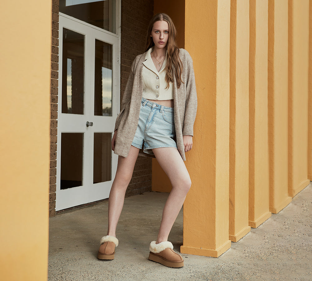 UGG EVERAU® UGG Slippers Women Sheepskin Wool Collar Ankle Platform Gabri - UGG EXPRESS