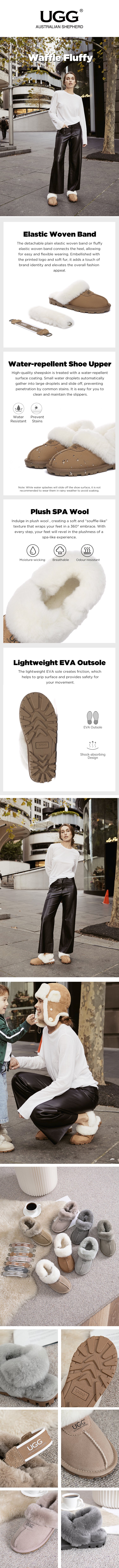 AUSTRALIAN SHEPHERD® UGG Slippers Women Removable Wool Fluffy Strap Waffle