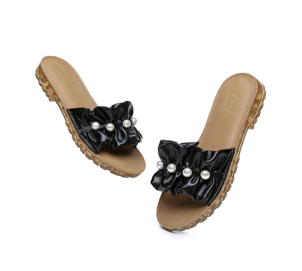 Slides - Leather Flat Slides Ultra Soft With Pearls Women Linita